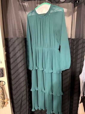 Pleated Tiered Long Sleeve Dress - Teal Green